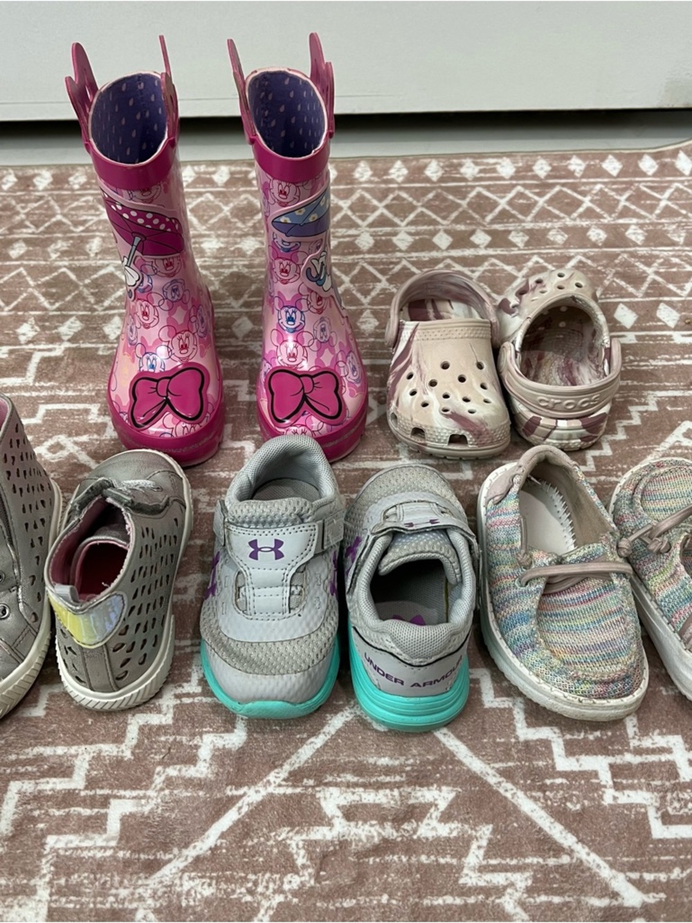 Toddler girl shoe lot size 6. Under Armour, Hey Dude, Crocs, rain boots, silver